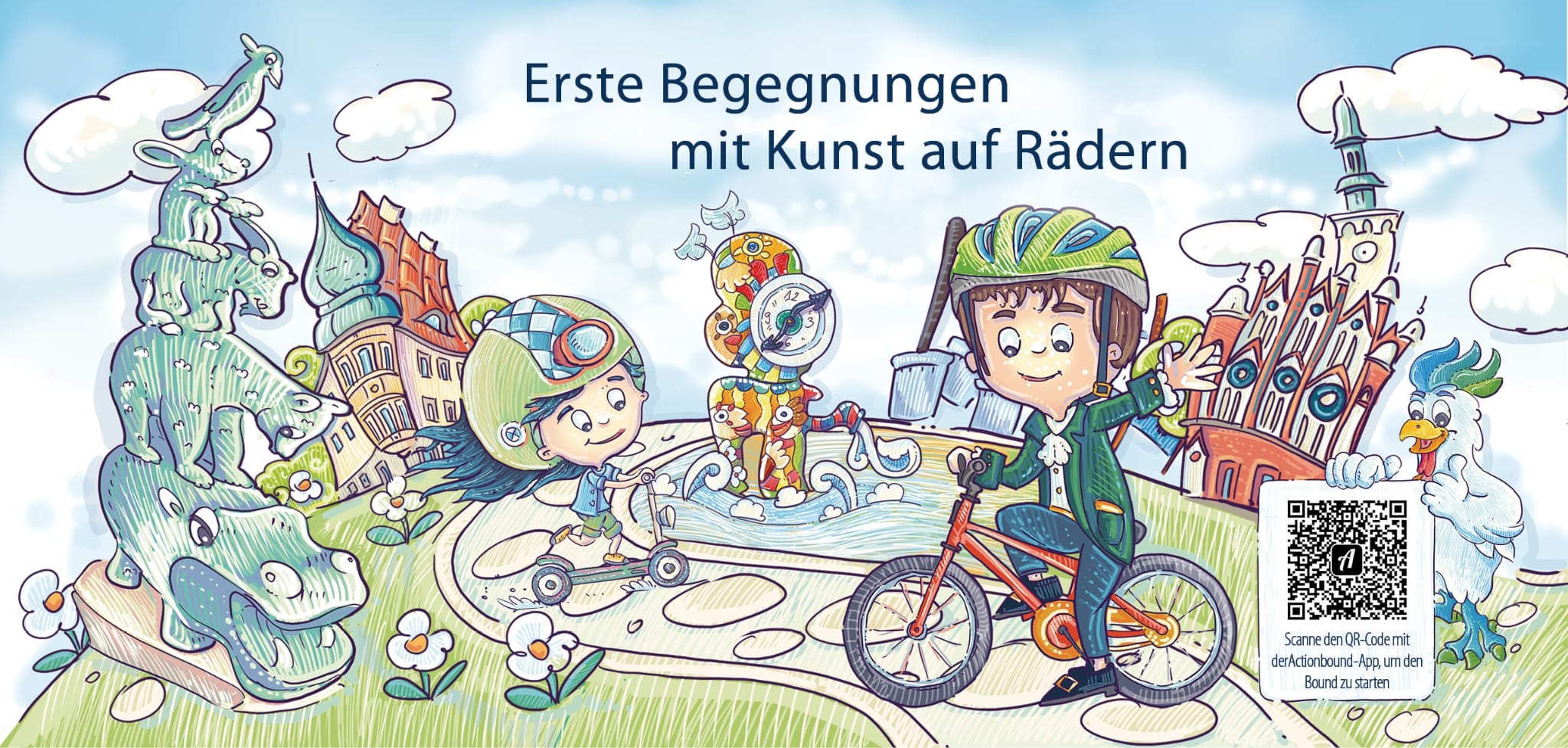 Eine Grafik, die zeigt von links Brunnen, Bolfrashaus, Mädchen auf Roller, Comic-Brunnen, Junge mit dem Rad, Rathaus, Hahn.