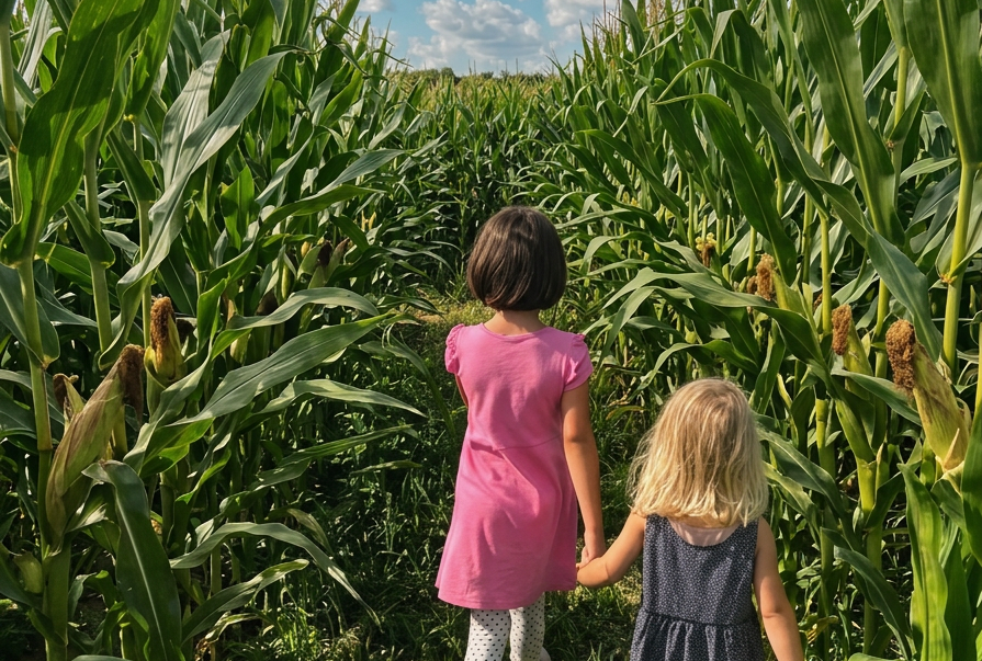 Zwei Mädchen gehen durch das Maislabirynth im Sommer