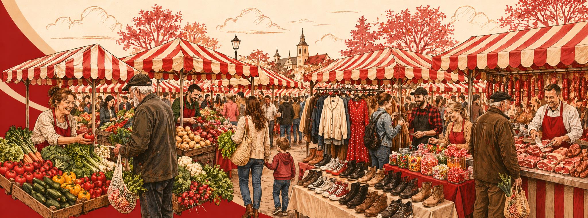 Markt mit vielen Ständer: Obst, Gemüse, Klamotten, Schuhe