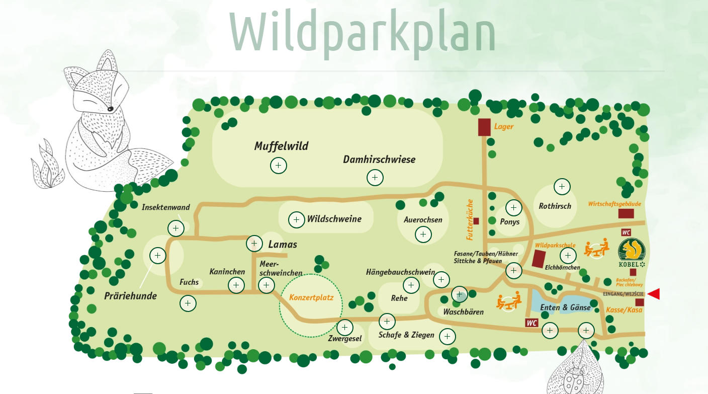 Ein Wildparkplan mit gekennzeichneten Häusern von Tieren
