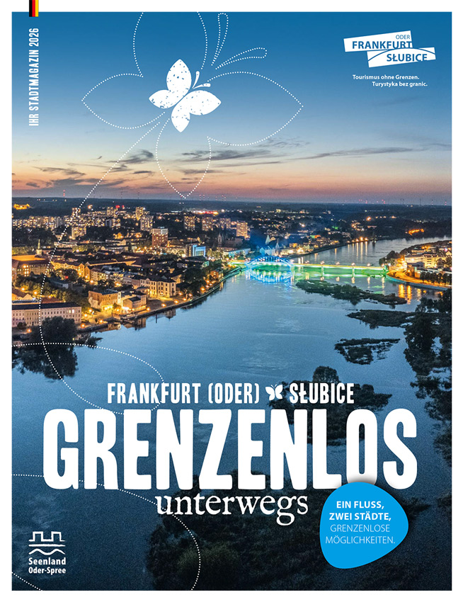 Grenzenlos unterwegs, Gästemagazin 2026, Titelbild vom Magazin, der beide Städte an der Oder zeigt